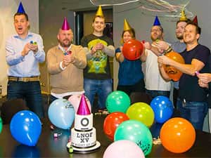 LNOF staff pulling party poppers for 15th birthday