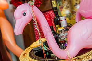 PInk Flamingo bird bong getting in the spirit of Christmas with mince pies and a drink