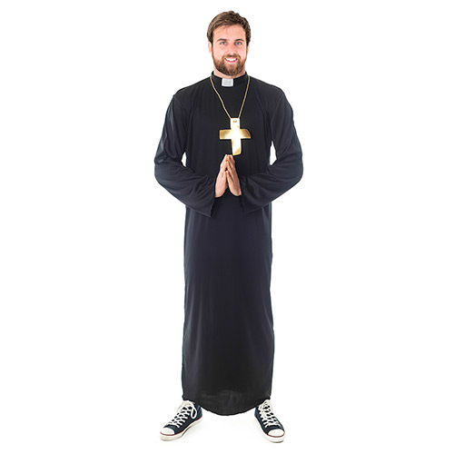 Frong Facing Priest Costume With Gold Cross Necklace