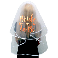 Long white veil with rose gold foil design,