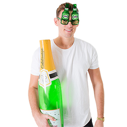 Beer bottle glasses and an inflatable champagne bottle