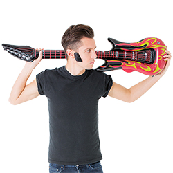 The guitar has a flame design