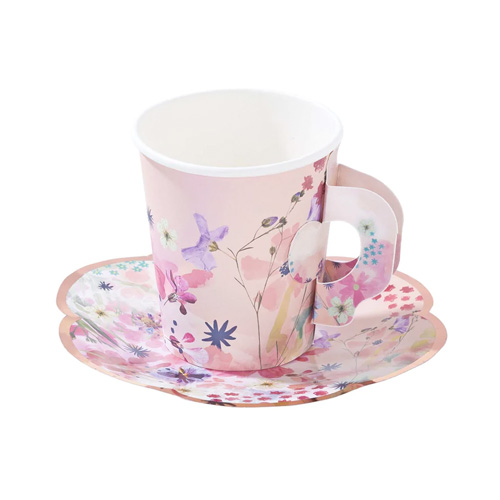 Pink floral Paper Cup & Saucer Set on a white background