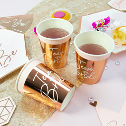 Rose Gold Team Bride Cups x3 scattered with white background