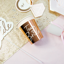 Rose Gold Team Bride Cups Pack of 8 stacked with one to the side with white background