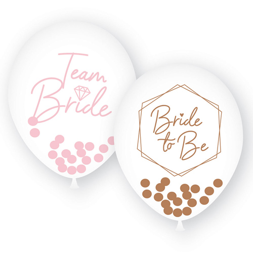 Team Bride Confetti Balloons both designs inflated with white background