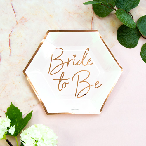 Single Rose Gold Bride To Be Plates on white background