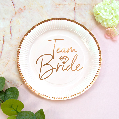Rose Gold Team Bride Plates with white background