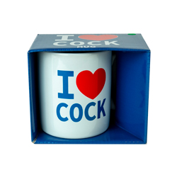 I Love Cock Mug with red and blue packaging