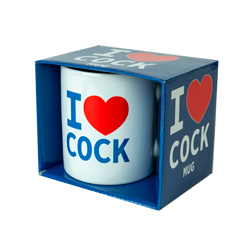 I Love Cock Mug with red and blue packaging
