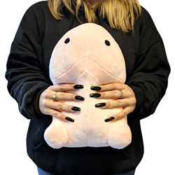 Girl holding Percy Pecker Penis Plush Soft Cotton Toy Character with white background