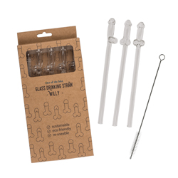 Glass Willy Drinking Straws packing, straws and brush on white background