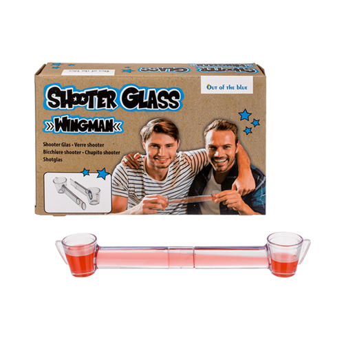 Wingman Shooter Glass packaging and product filled with red liquid with white background