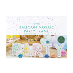 Packaging of white PARTY cardboard sign with multicoloured balloons inside
