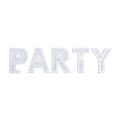 White cardboard sign that spells out PARTY on white background