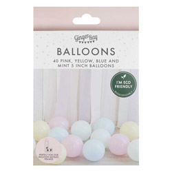 Box of pink, yellow, blue, and mint balloons, isolated on a white background.