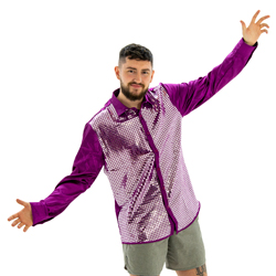 A model wearing Purple 70s Disco Shirt, facing the camera with his arms outstretched.
