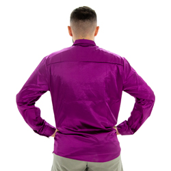 A model wearing Purple 70s Disco Shirt, facing away from the camera with his hands on his hips.