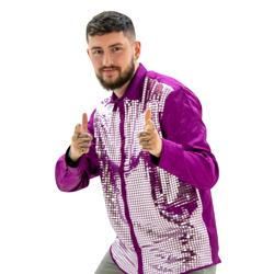 A model wearing Purple 70s Disco Shirt, pointing at the camera.