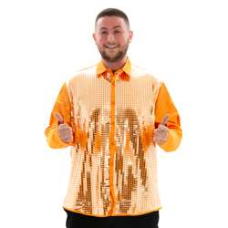 A model wearing Orange 70s Disco Shirt, facing the camera grinning with his thumbs up.