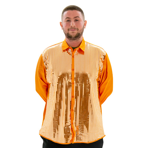 A model wearing Orange 70s Disco Shirt, facing the camera with his hands behind his back.