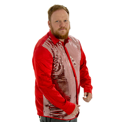 A model posing in Red 70s Disco Shirt, facing the camera.