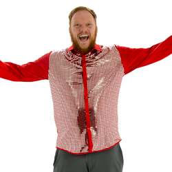 A model posing in Red 70s Disco Shirt, facing the camera, with his arms outstretched.