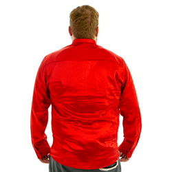 A model posing in Red 70s Disco Shirt, facing away from the camera.