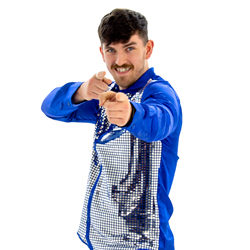 Model posing wearing Blue 70s Disco Shirt, pointing at the camera and grinning.