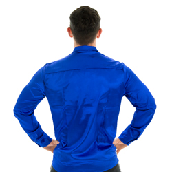 Model posing wearing Blue 70s Disco Shirt, facing away from the camera to show back of the shirt.