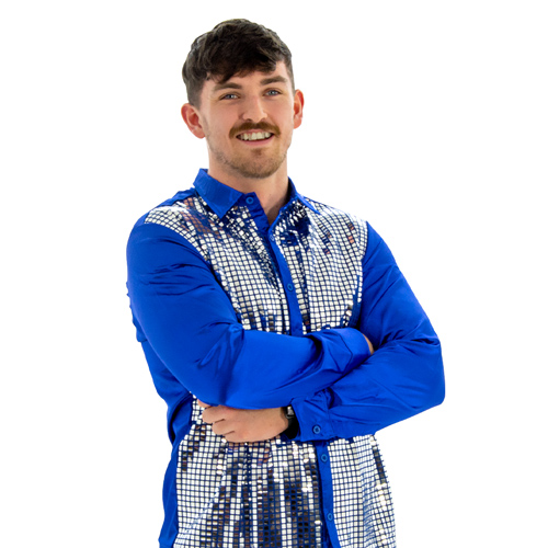 Model posing wearing Blue 70s Disco Shirt, facing the camera with his arms crossed.