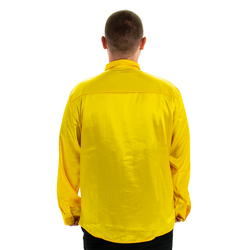 Model wearing Yellow 70s Disco Shirt, facing away from the camera.