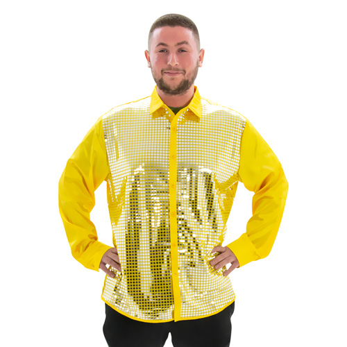 Model wearing Yellow 70s Disco Shirt, facing the camera with his hands on his hips.