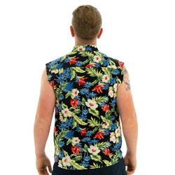 A model wearing Sleeveless Freesia Shirt, smiling and facing away from the camera.