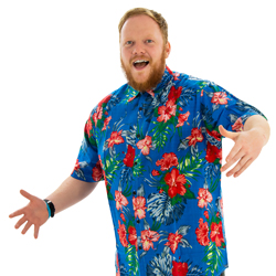 A model wearing Lake Blue Hawaiian Shirt, smiling with his arms outstretched.