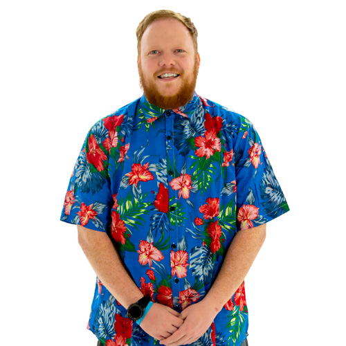 A model wearing Lake Blue Hawaiian Shirt, smiling and facing the camera.