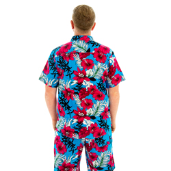 A model wearing Sky Blue Hawaiian Shirt and Shorts, facing away from the camera.