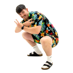 Model posing in Black Hawaiian Shirt and Shorts, crouching and throwing peace signs.