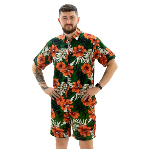 Model wearing Khaki Green Hawaiian Shirt and Shorts, facing the camera with his hands on his hips.