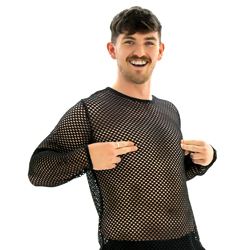 Model posing in Funked Up Fits Black Fishnet shirt, covering his modesty, facing the camera.