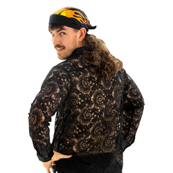 A model wearing Cockscomb Lace Shirt and a mullet bandana, looking over his shoulder at the camera.