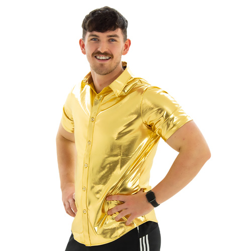 A smiling model wearing Metallic Gold Shirt, facing the camera with his hands on his hips.