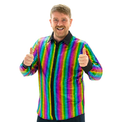 A model wearing Multicolour 70s Disco Shirt, facing the camera and grinning with thumbs up.