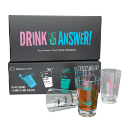 Drink is the Answer game packaging and shot glasses isolated on a white background.