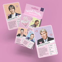 Weird Crushes British Edition card game and cards on a pink background.
