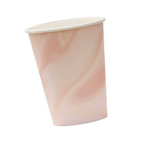 A single pink marble paper cup isolated on a white background.
