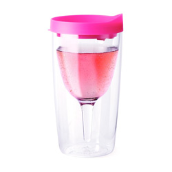 Vino 2 Go wine glass filled with wine isolated against a white background.