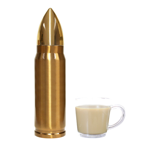 Bullet flask next to a full mug of tea on a white background.