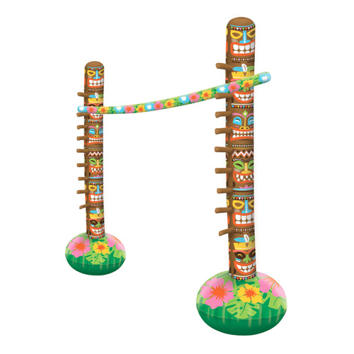 A brightly coloured tiki style inflatable limbo game on a white background.
