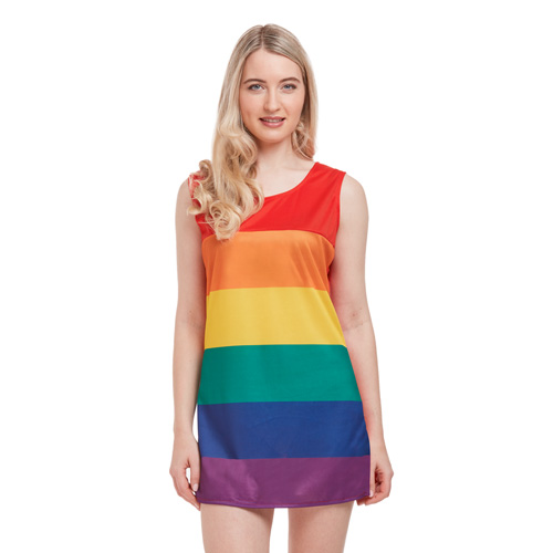 Woman wearing a Pride Rainbow Dress isolated on a white background.